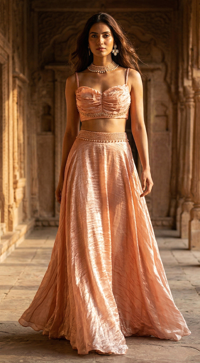 Rose- Gold Organza Embroidered Lehenga Set