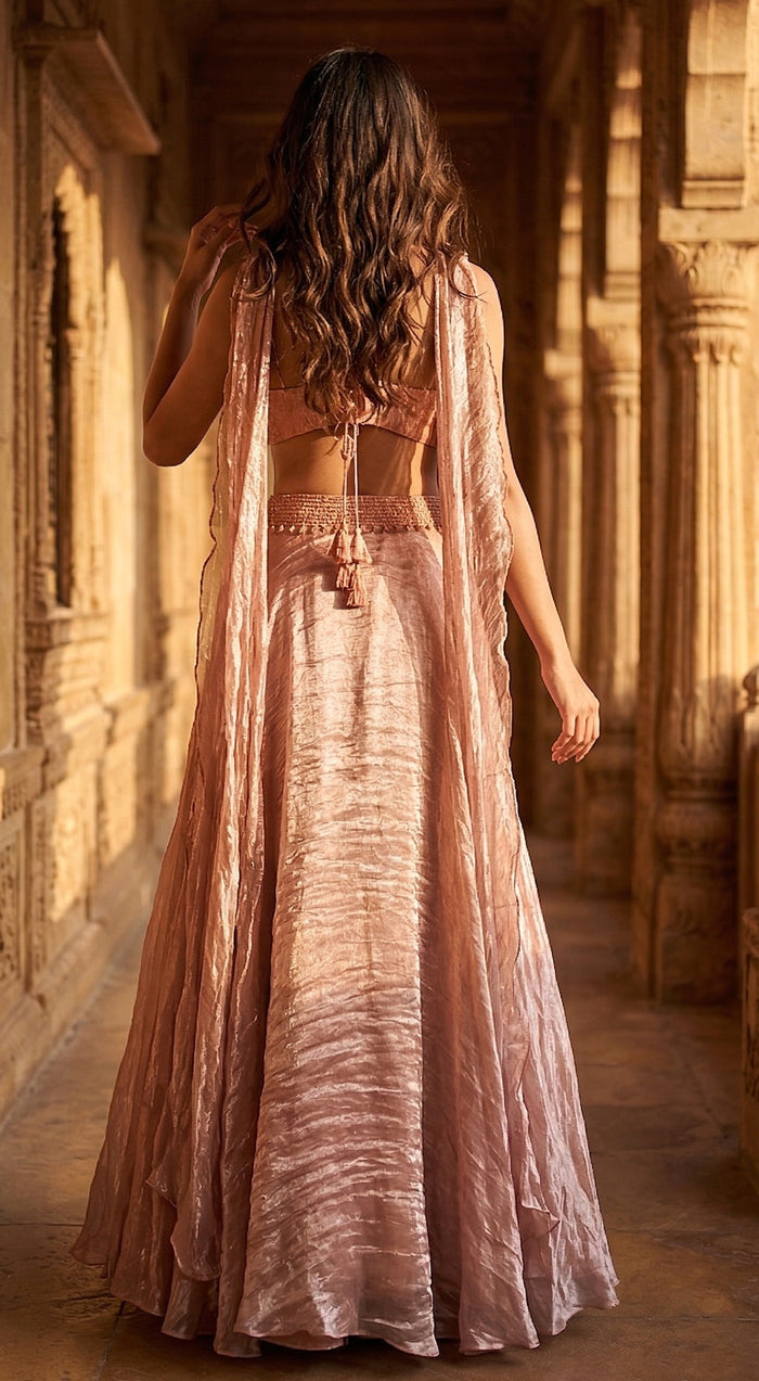 Rose- Gold Organza Embroidered Lehenga Set