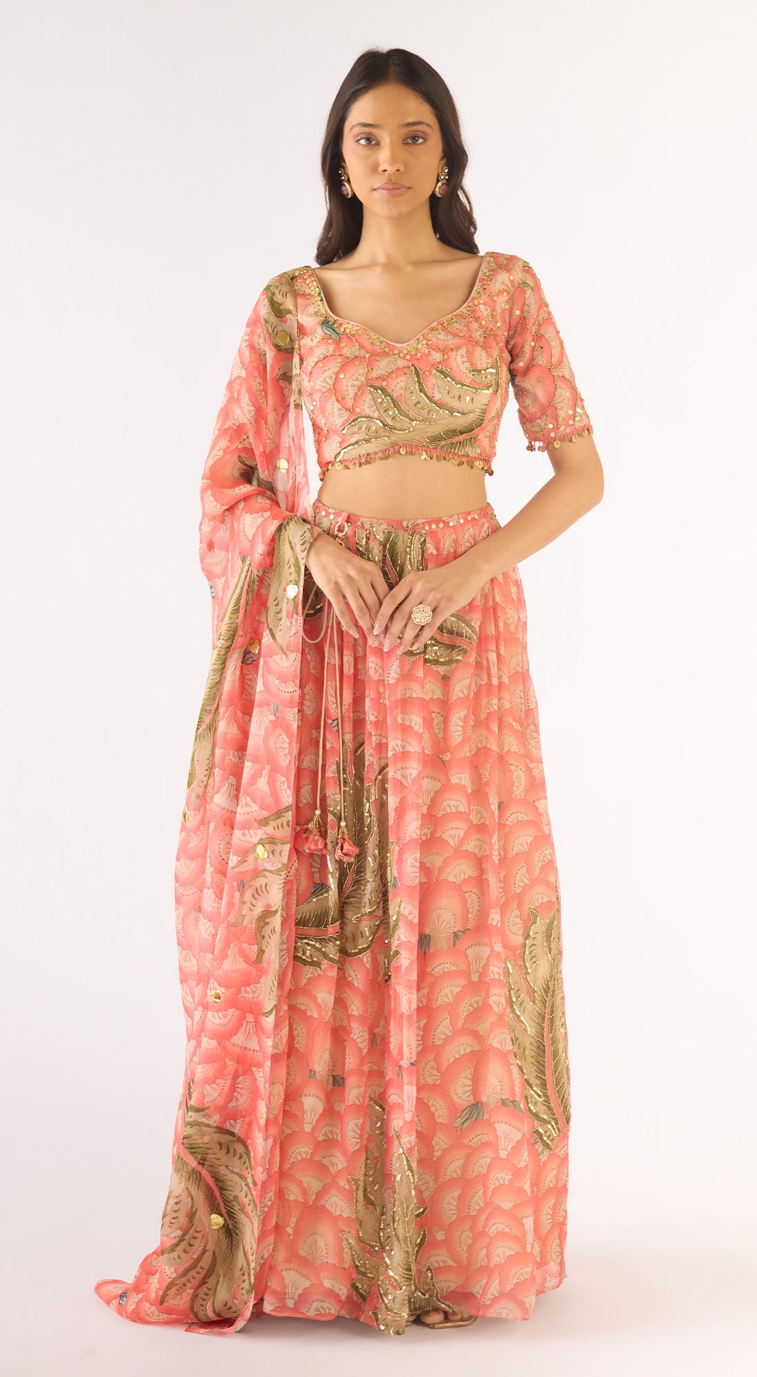 Peach Organza Embroidered Lehenga Set
