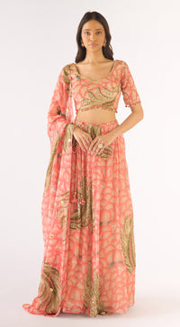 Peach Organza Embroidered Lehenga Set
