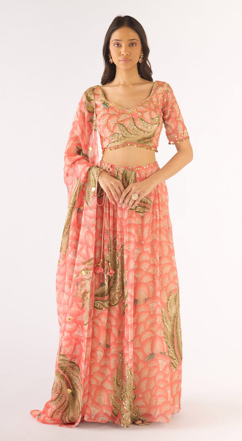 Peach Organza Embroidered Lehenga Set