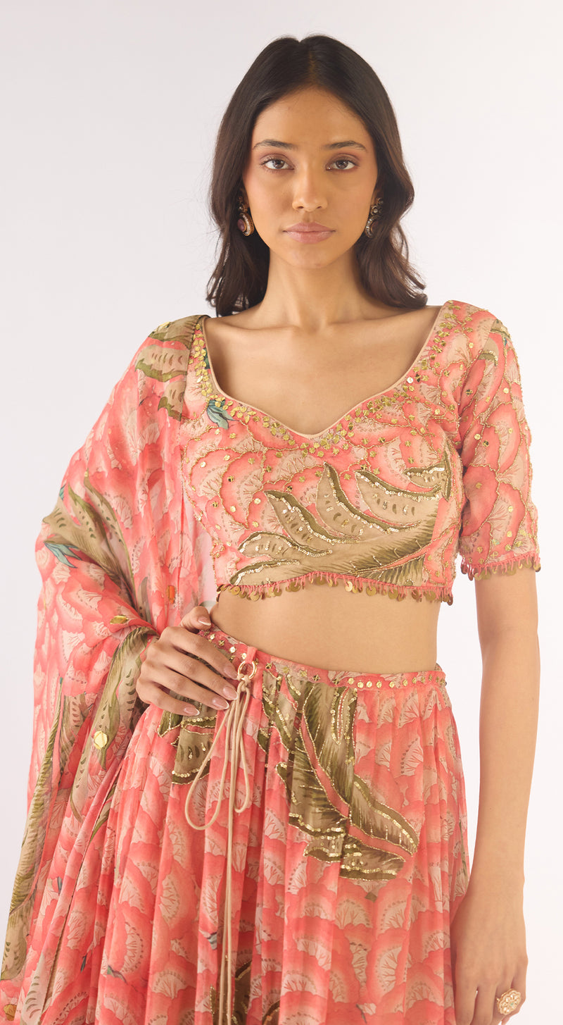 Peach Organza Embroidered Lehenga Set
