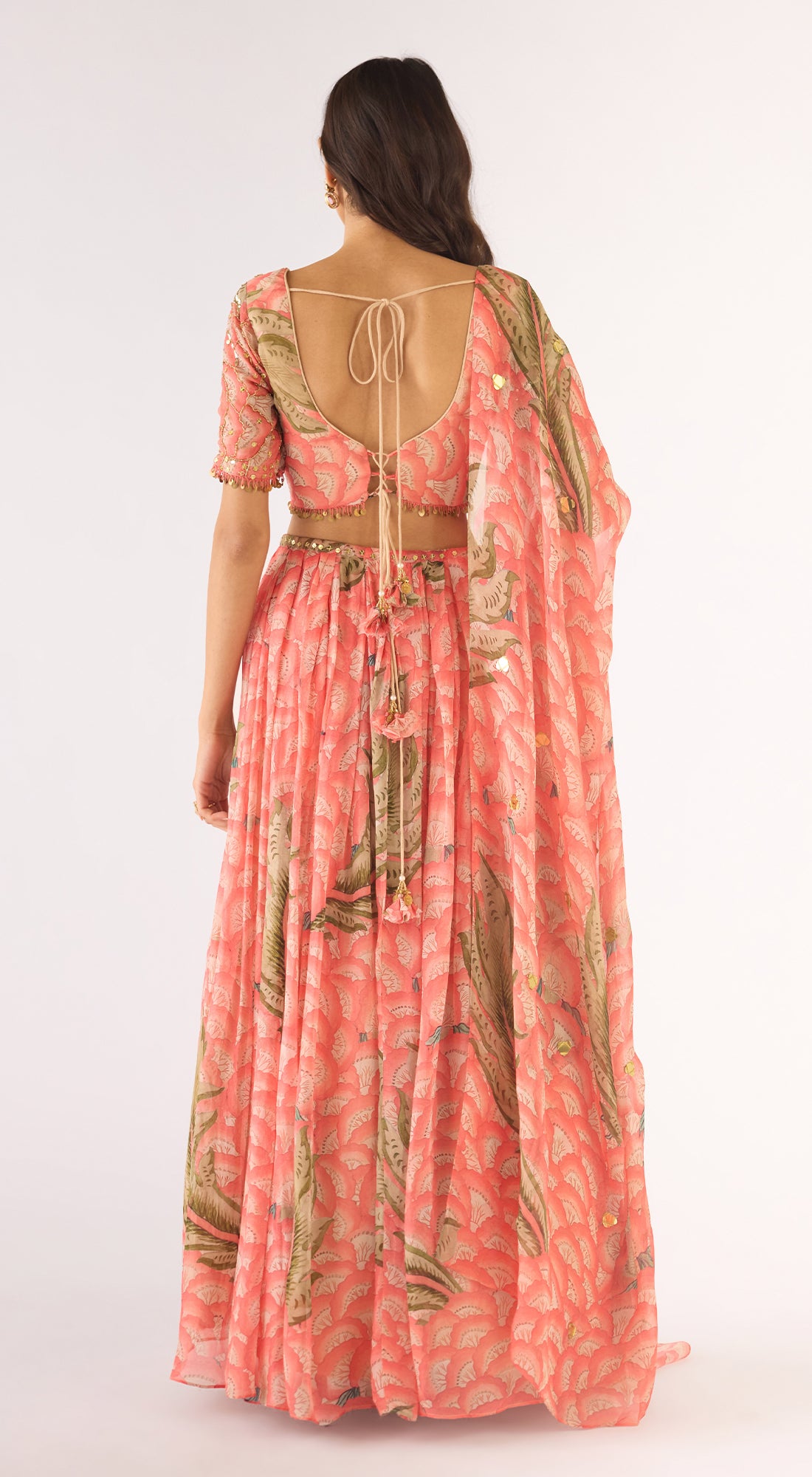 Peach Organza Embroidered Lehenga Set