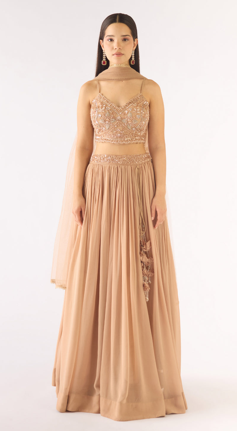 Beige Georgette Embroidered Lehenga Set