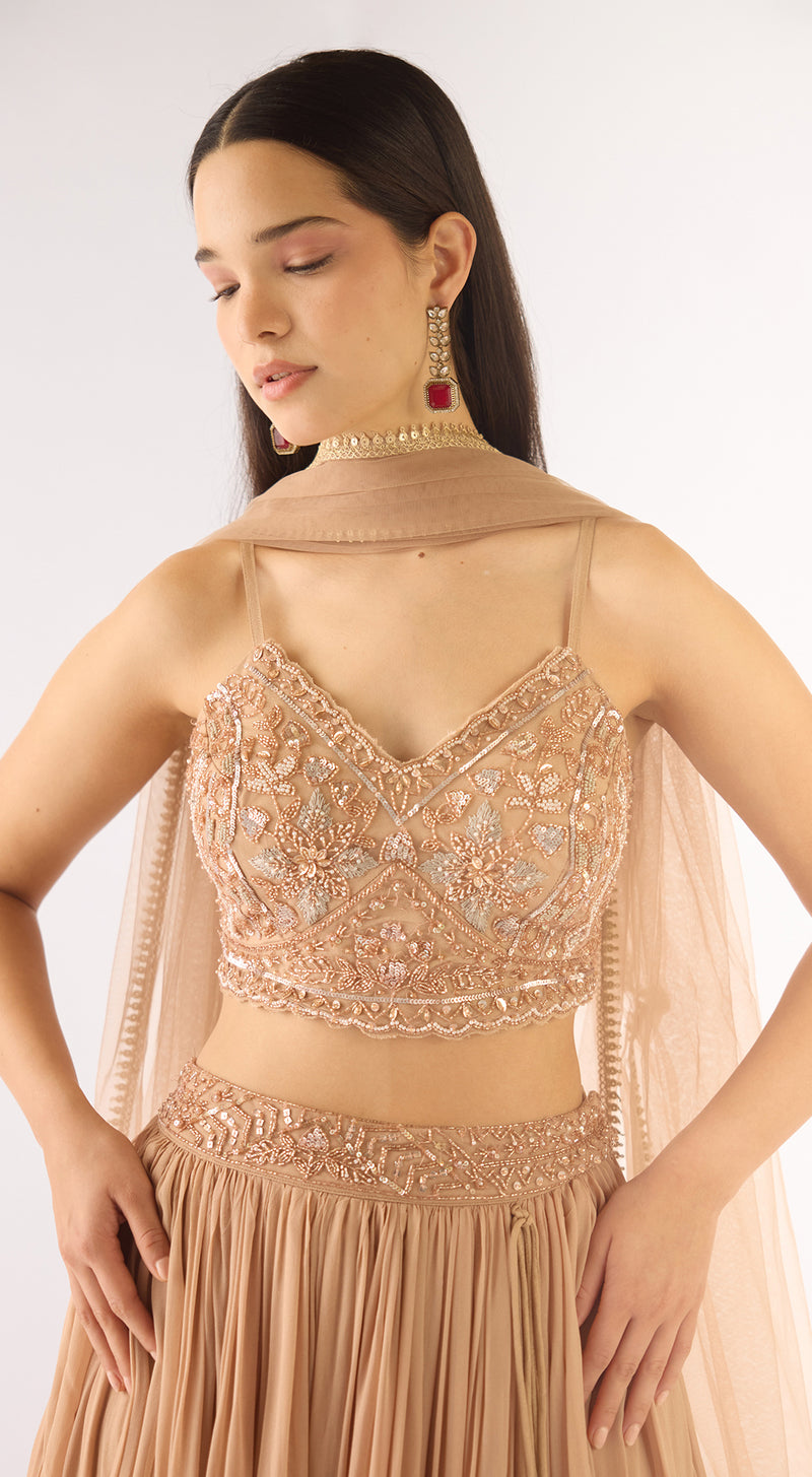Beige Georgette Embroidered Lehenga Set