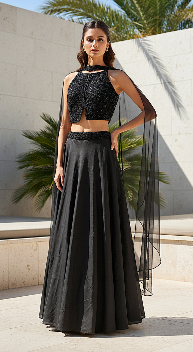 Black Satin Embroidered Lehenga Set