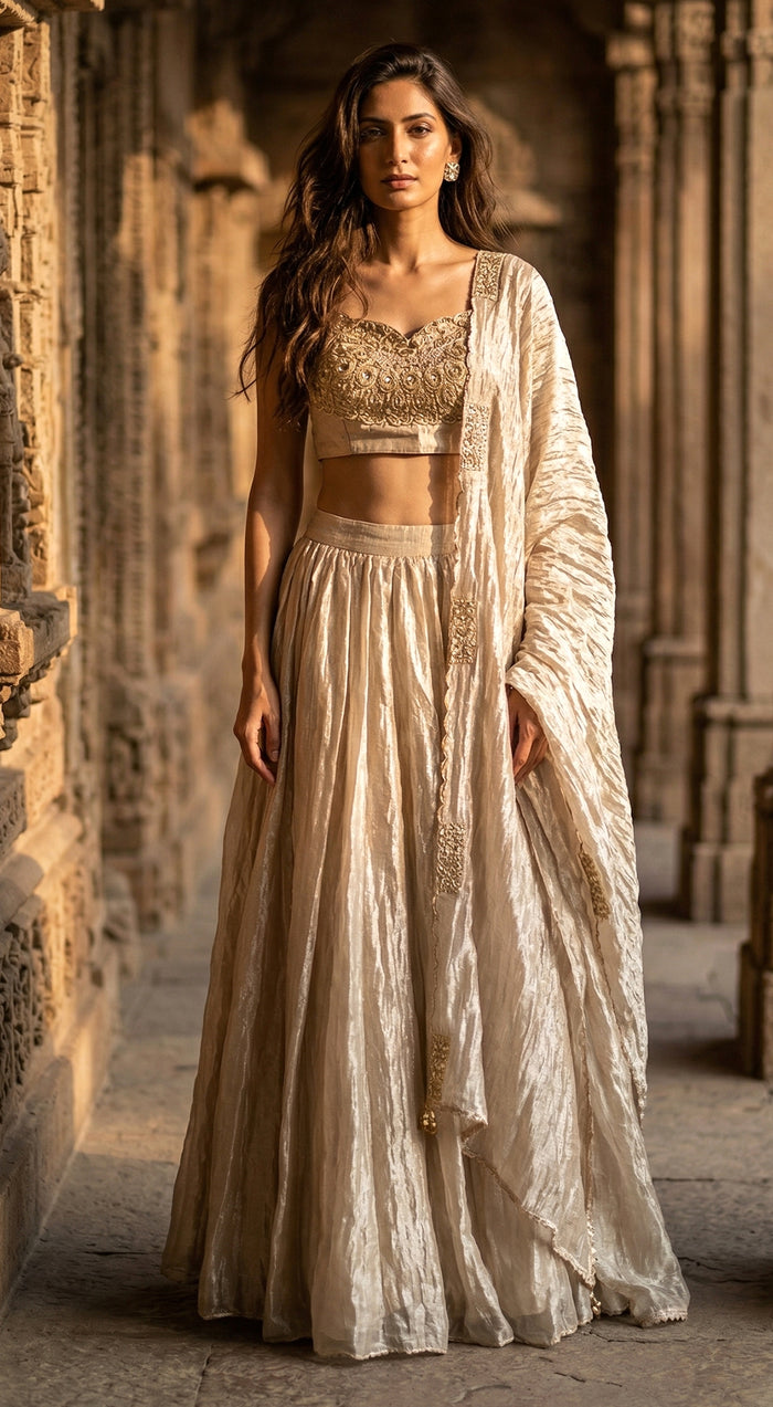 Gold Tissue Embroidered Lehenga Set