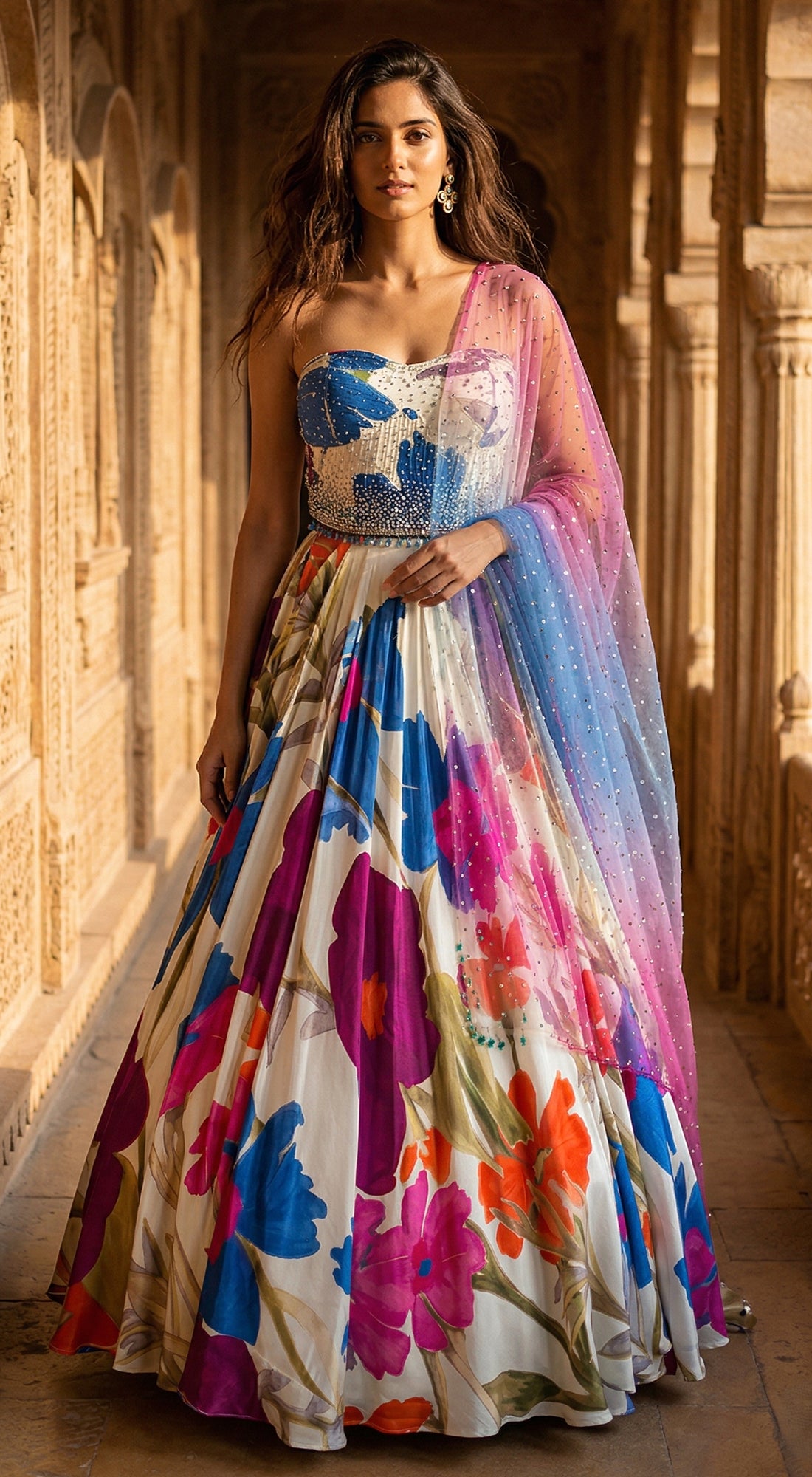 Ivory Crepe Embroidered Lehenga Set