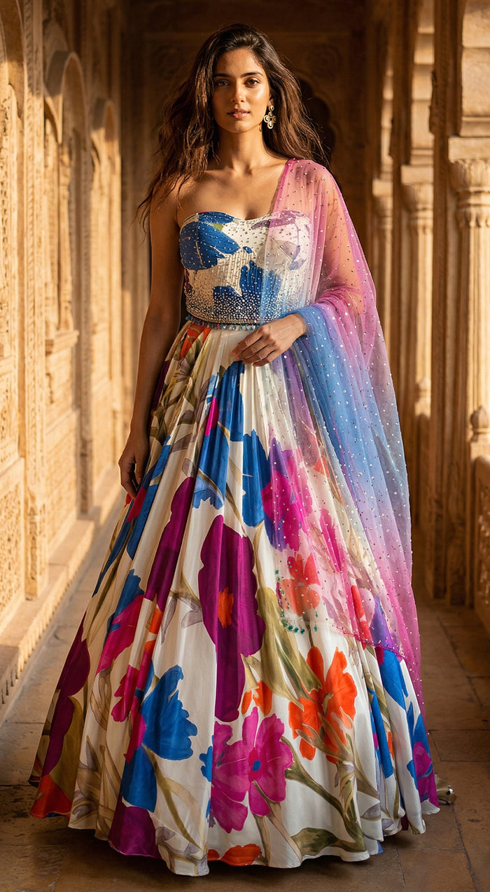 Ivory Crepe Embroidered Lehenga Set