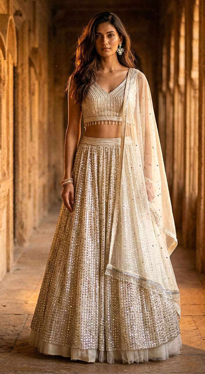Ivory Sequins Net Embroidered Lehenga Set