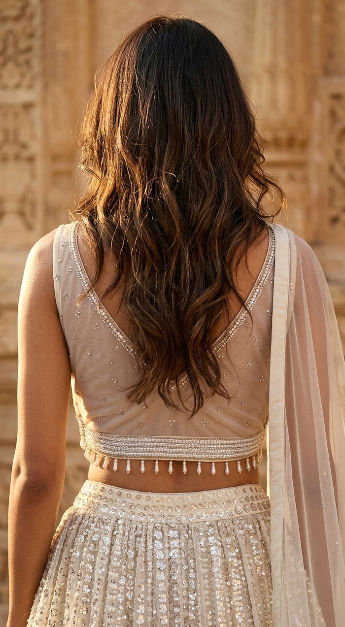 Ivory Sequins Net Embroidered Lehenga Set