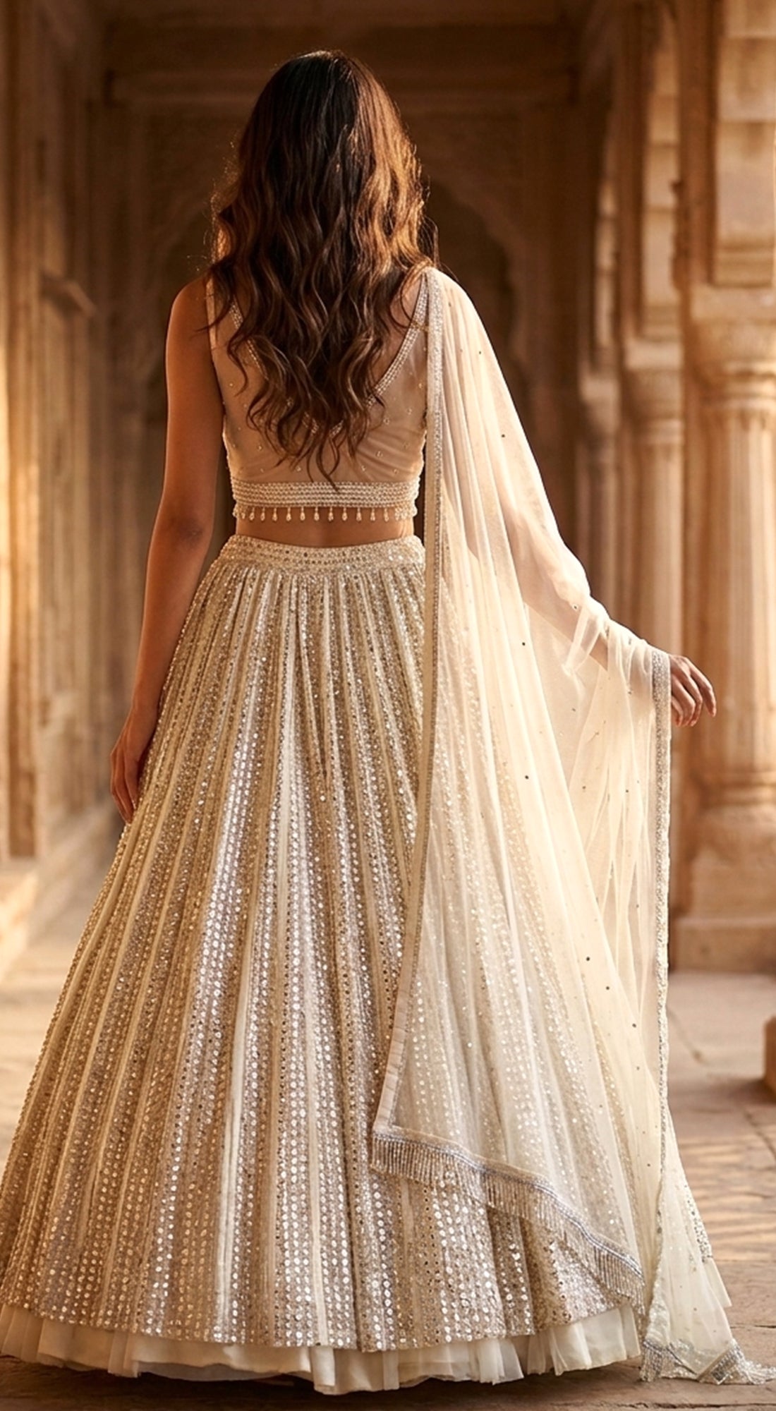 Ivory Sequins Net Embroidered Lehenga Set