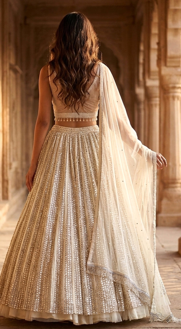 Ivory Sequins Net Embroidered Lehenga Set