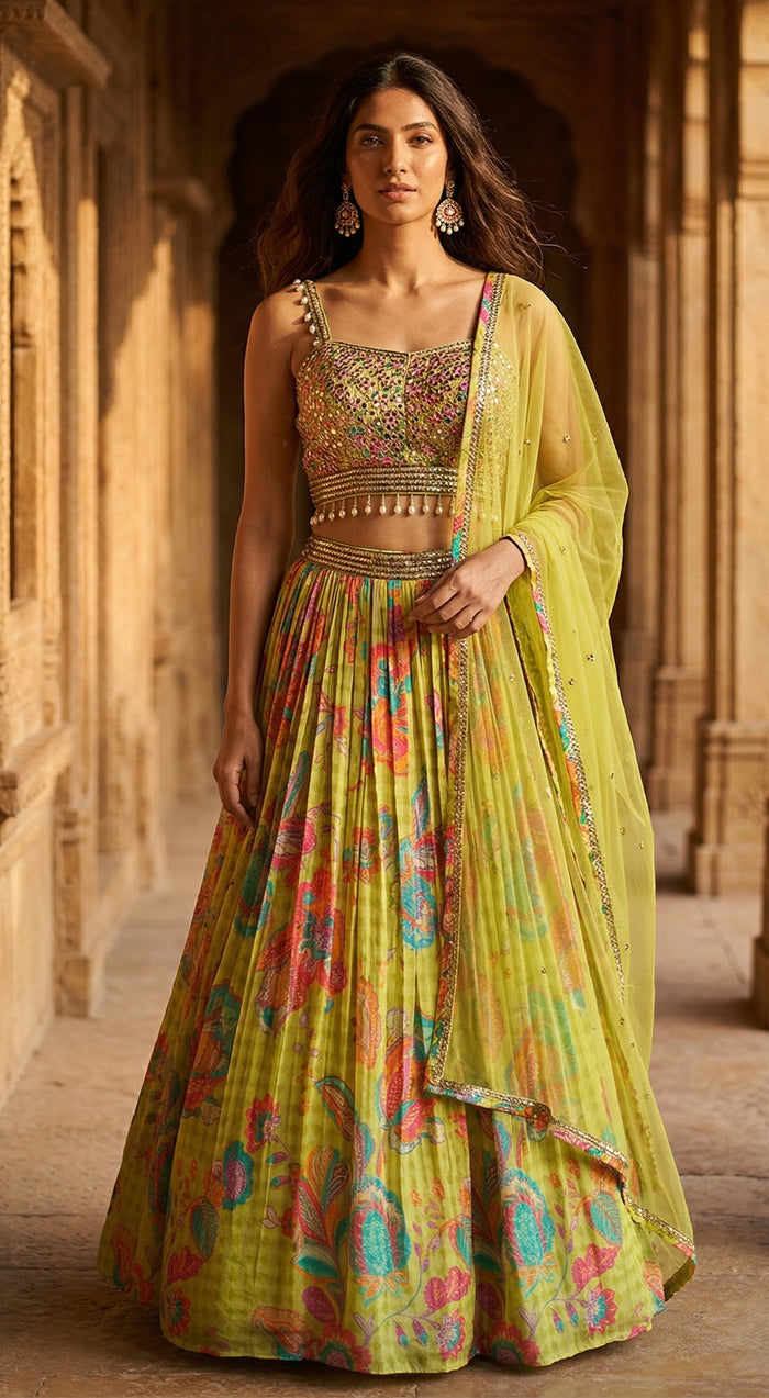 Lime Crepe Embroidered Lehenga Set