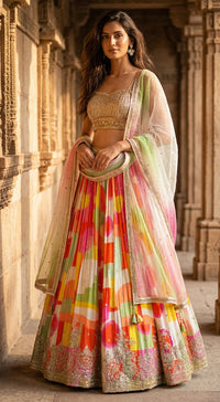 Multi Georgette Embroidered Lehenga Set