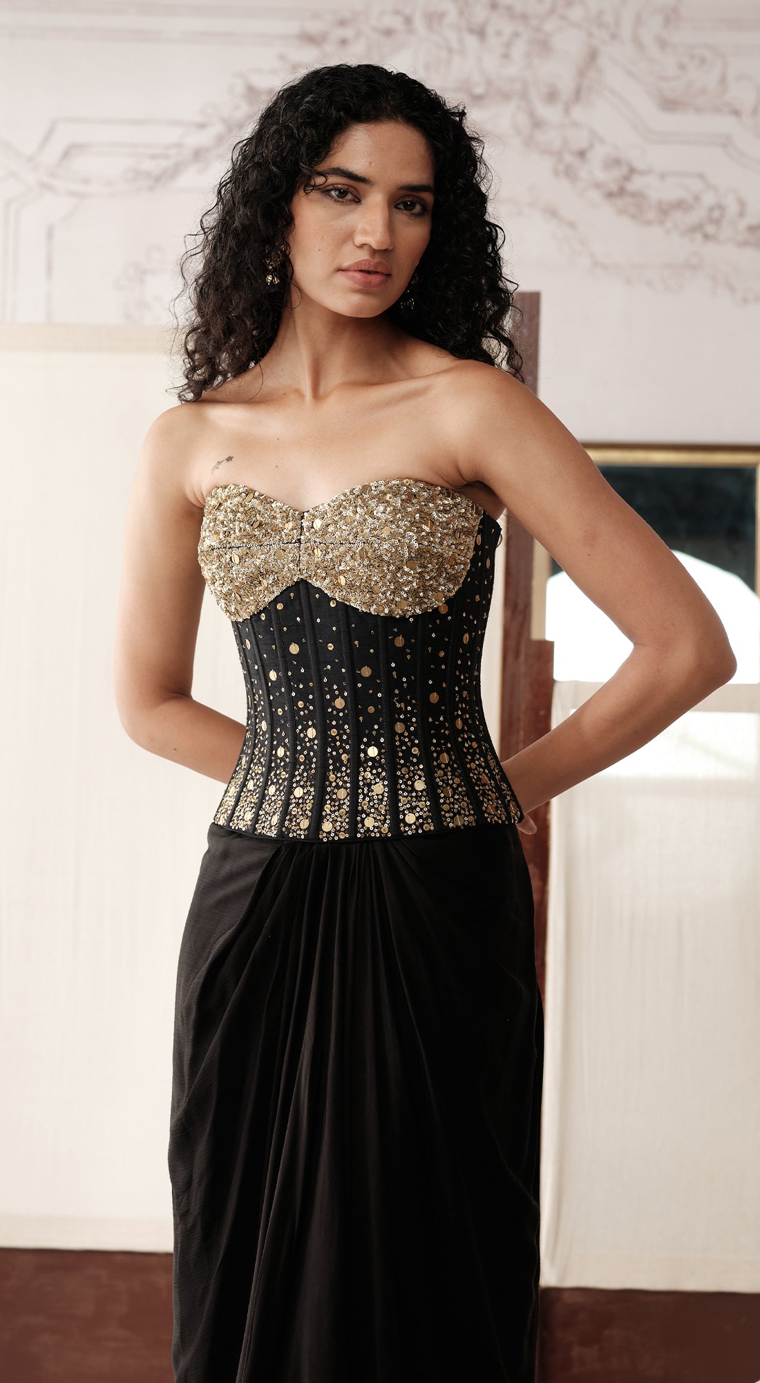 Black corset saree with Swarovski and sequin embroidery - Basanti kapde aur koffee