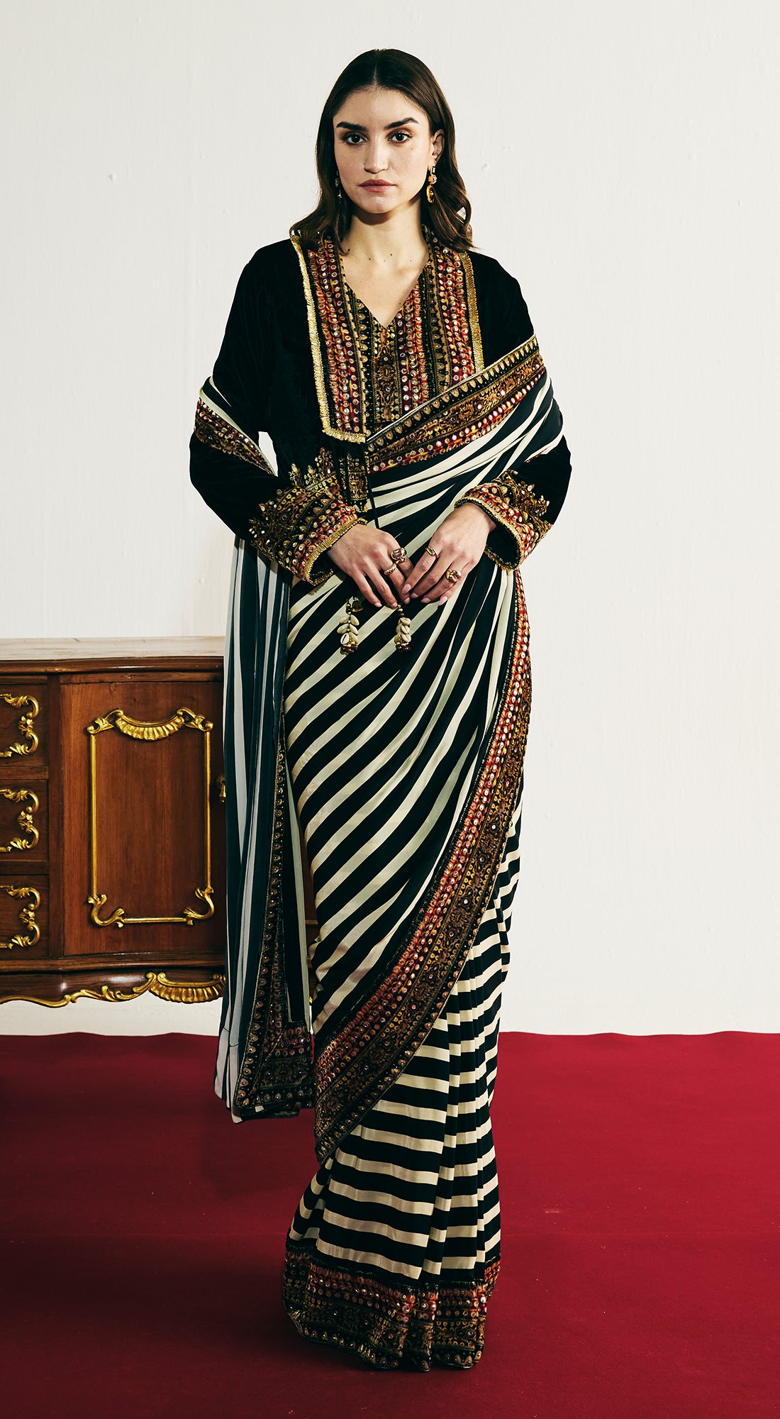 Black Velvet Embroidered Saree Set