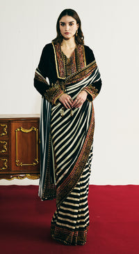 Black Velvet Embroidered Saree Set