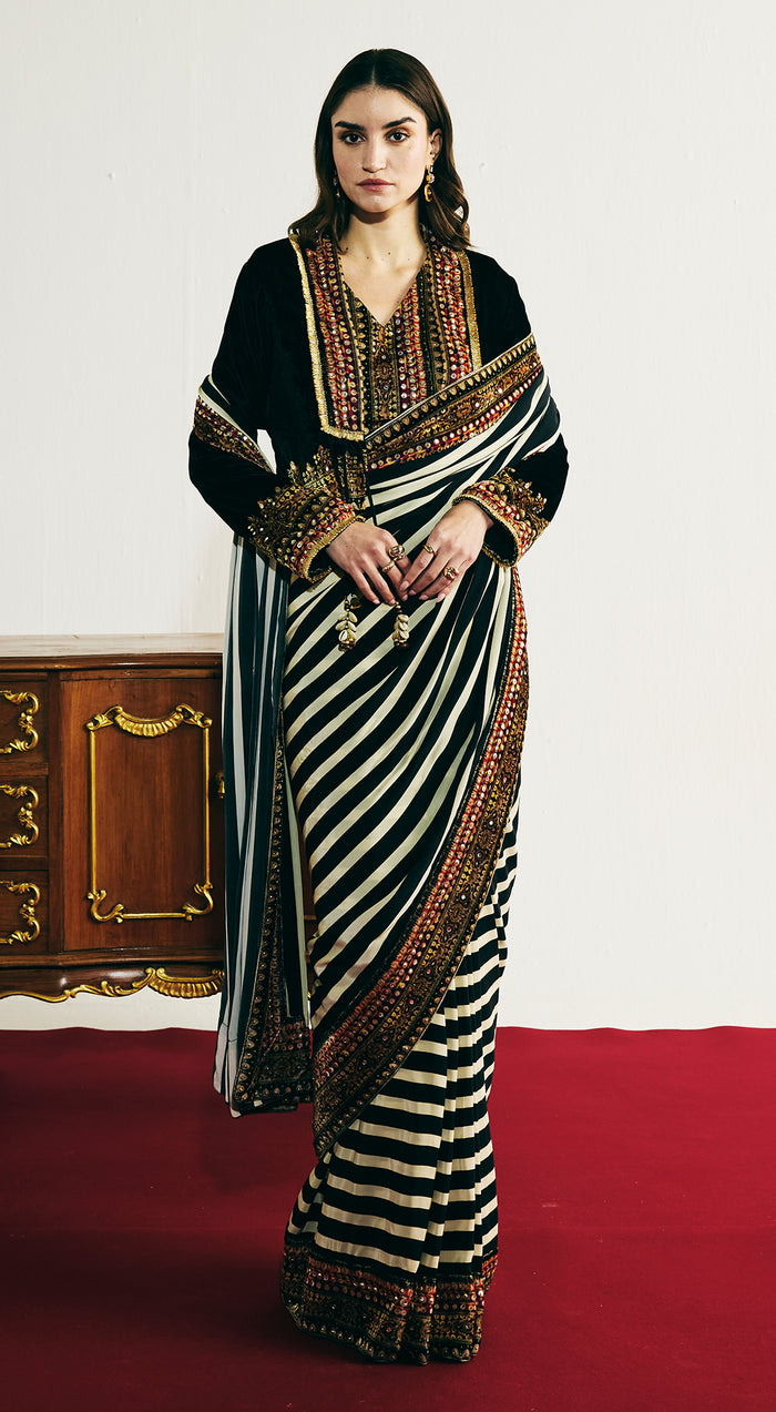 Black Velvet Embroidered Saree Set