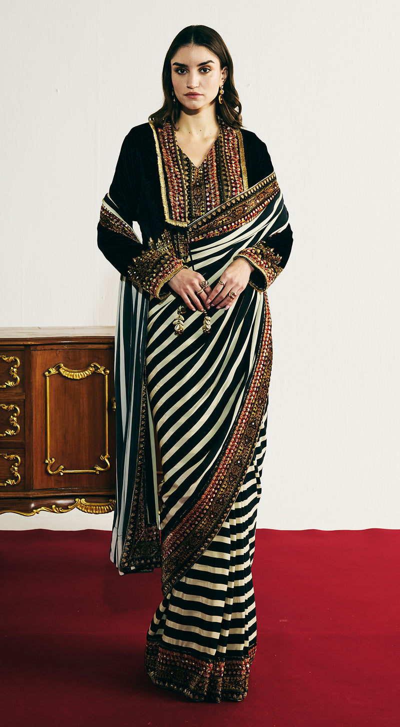 Black Velvet Embroidered Saree Set