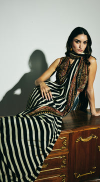 Black Velvet Embroidered Saree Set