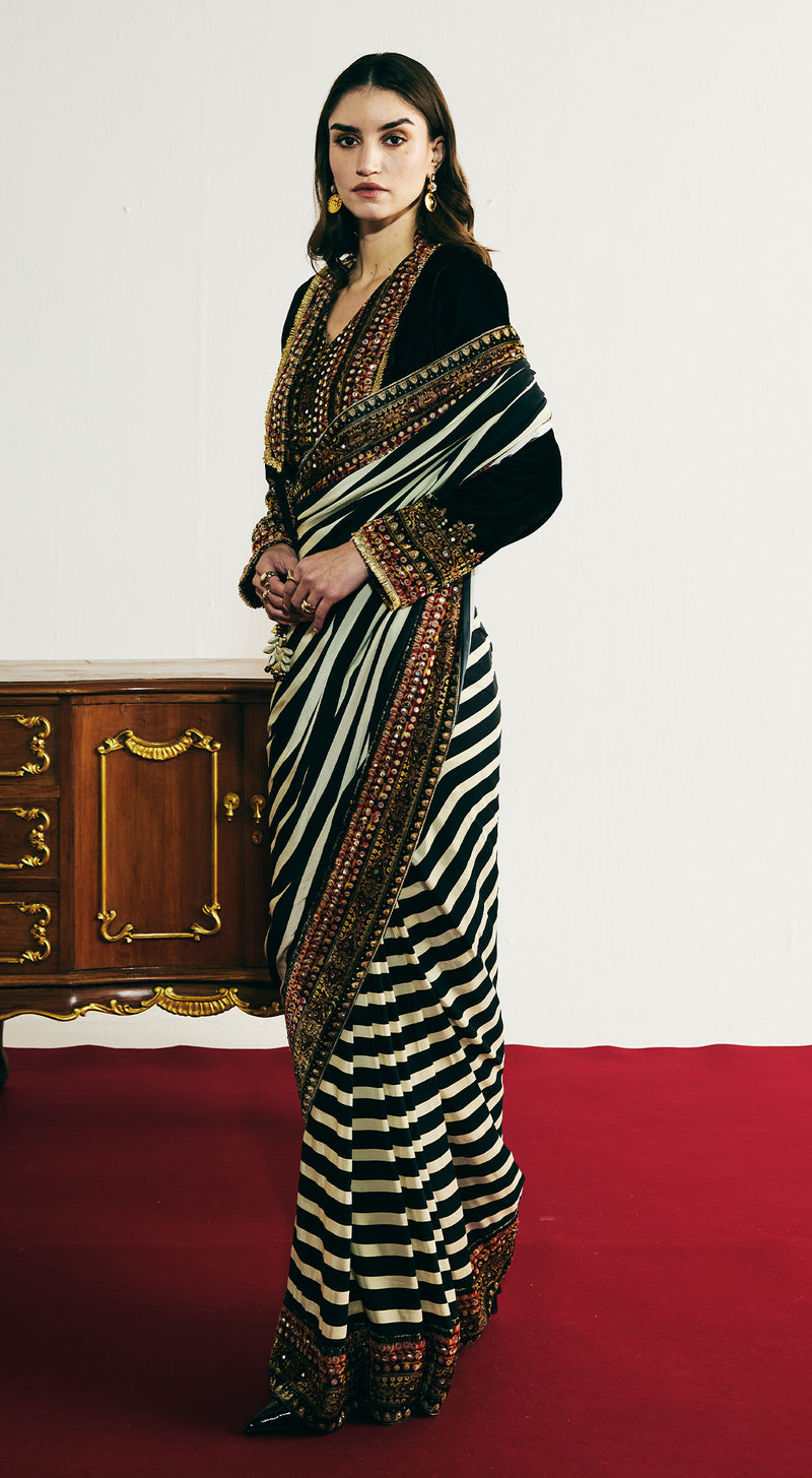 Black Velvet Embroidered Saree Set