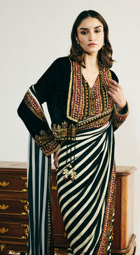 Black Velvet Embroidered Saree Set