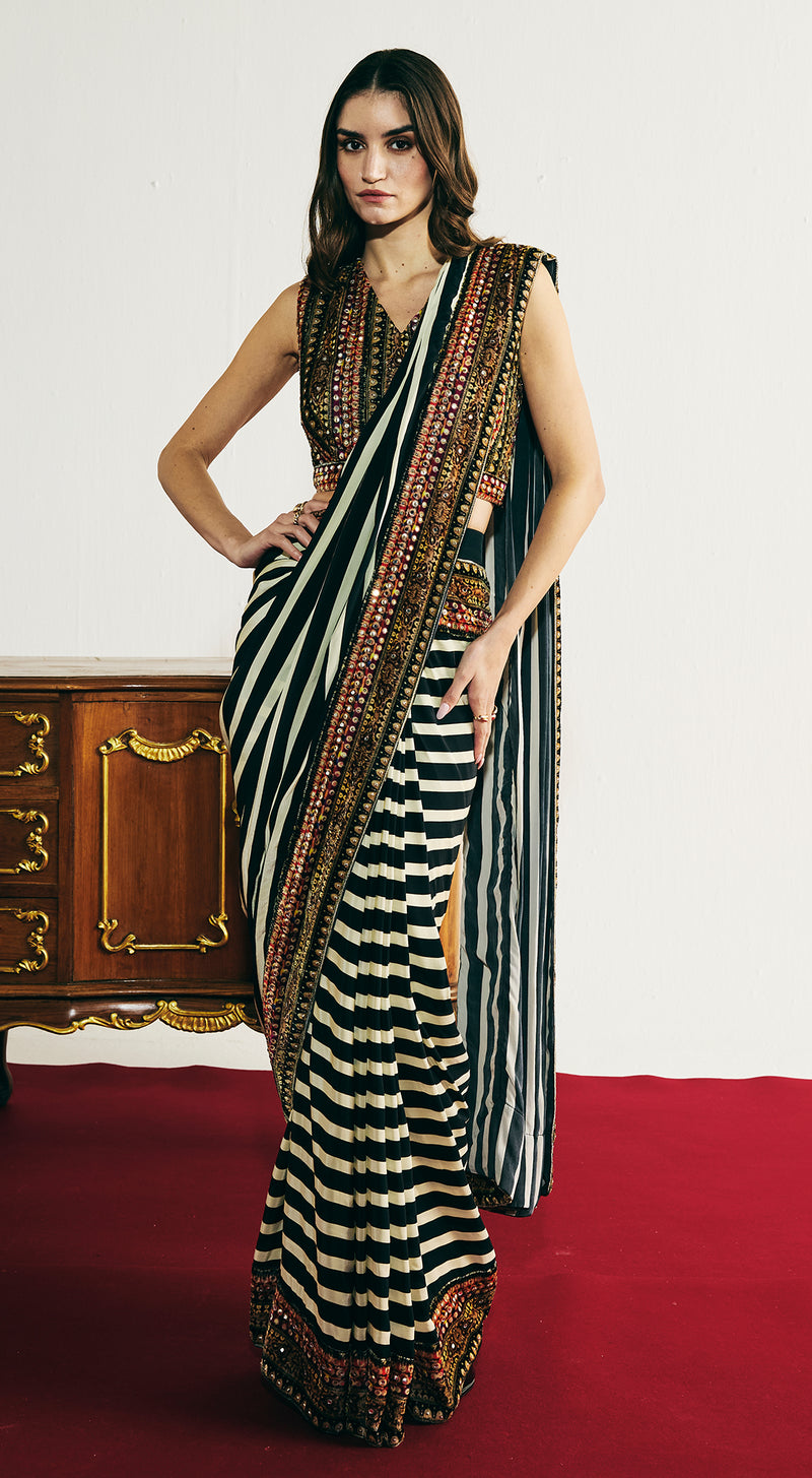 Black Velvet Embroidered Saree Set