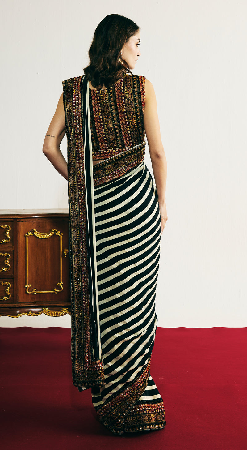 Black Velvet Embroidered Saree Set