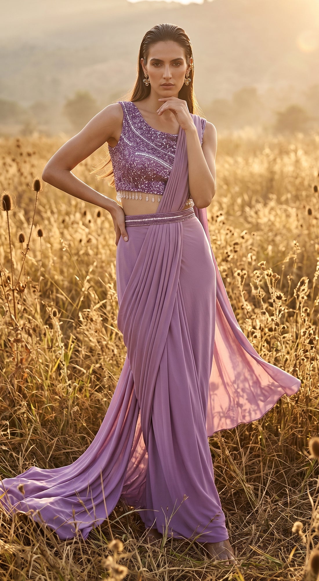 Lavender Sequins Embroidered Draped Saree