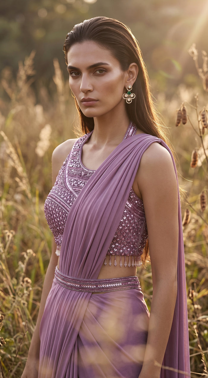 Lavender Sequins Embroidered Draped Saree