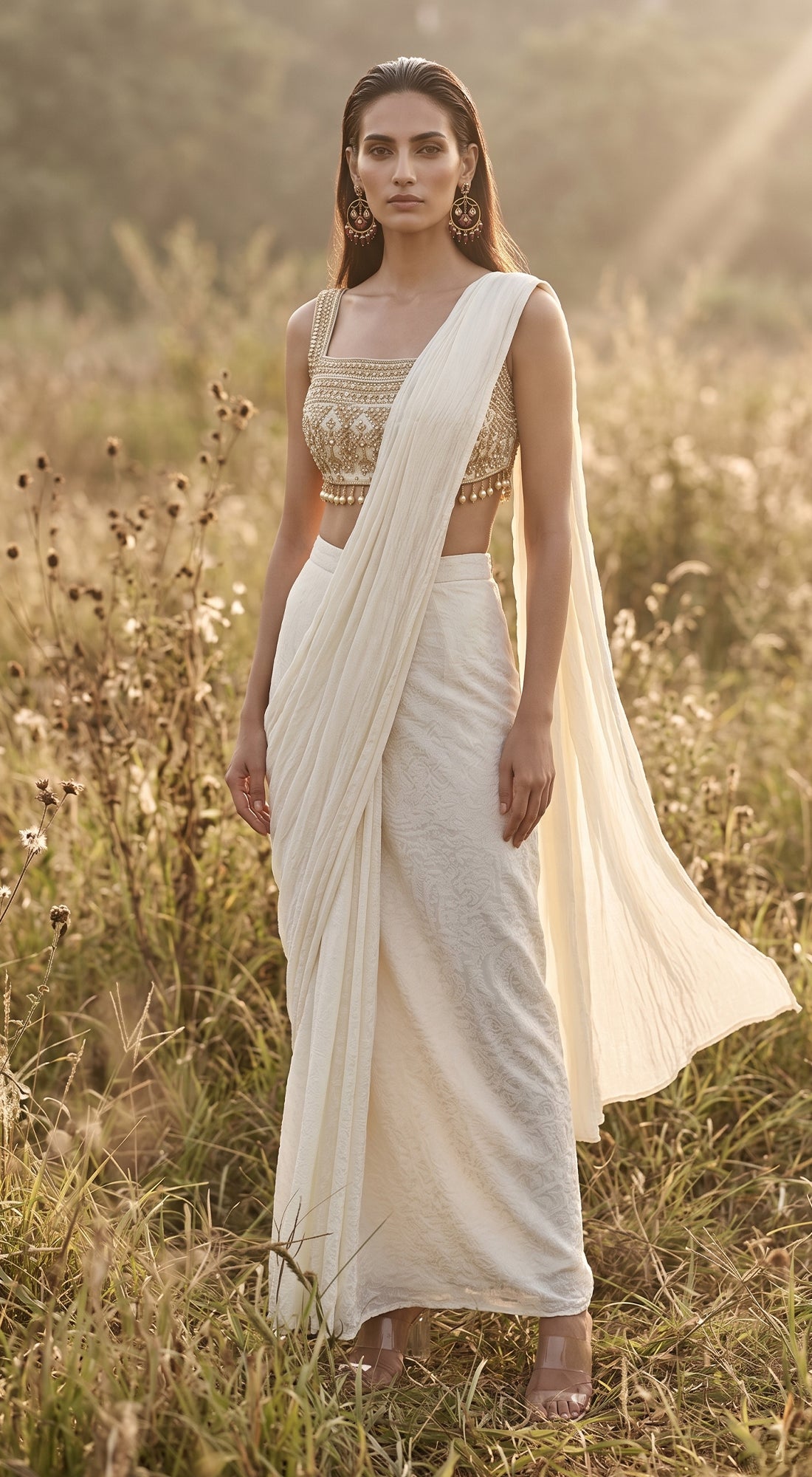 Ivory Georgette Embroidered Draped Saree