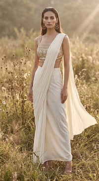 Ivory Georgette Embroidered Draped Saree