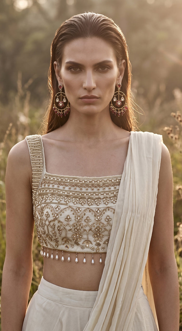 Ivory Georgette Embroidered Draped Saree