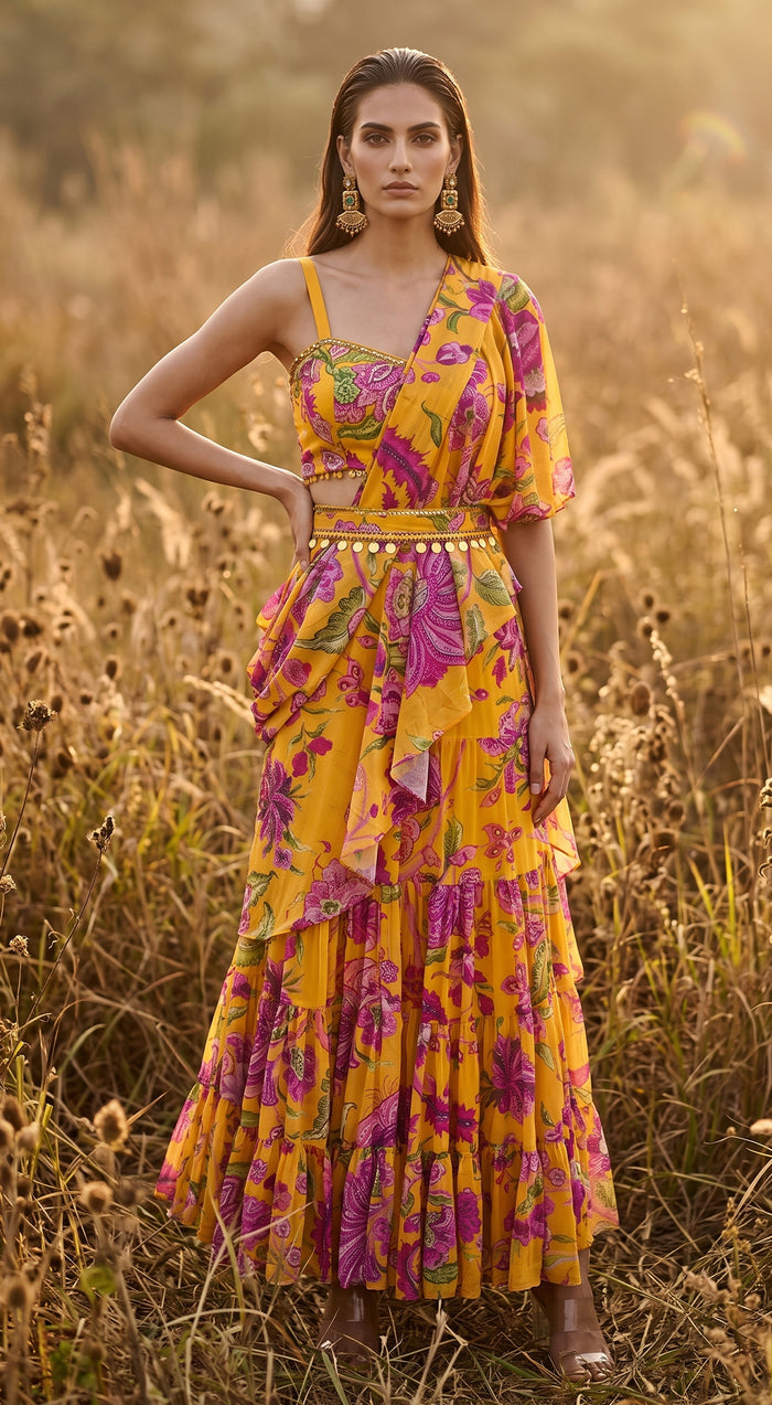 Mustard Georgette Embroidered Draped Saree