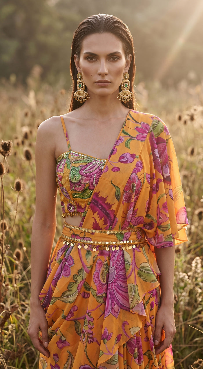 Mustard Georgette Embroidered Draped Saree