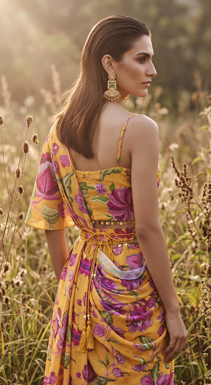 Mustard Georgette Embroidered Draped Saree