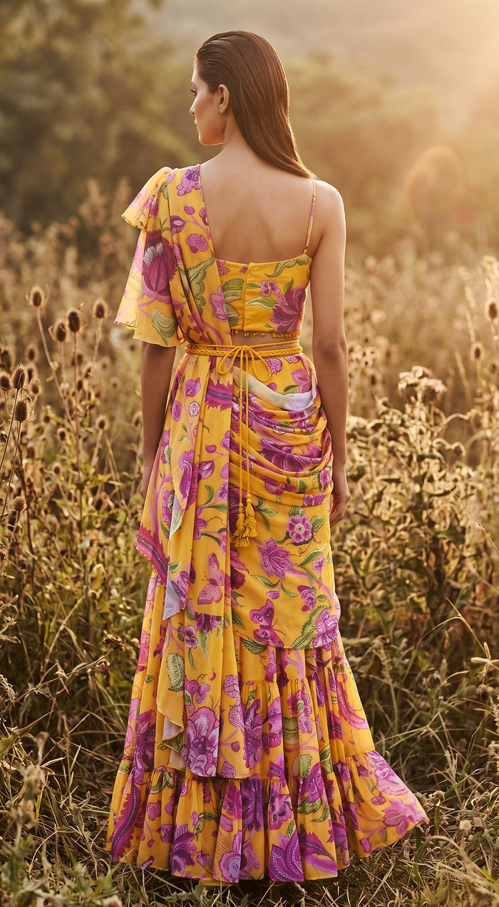 Mustard Georgette Embroidered Draped Saree