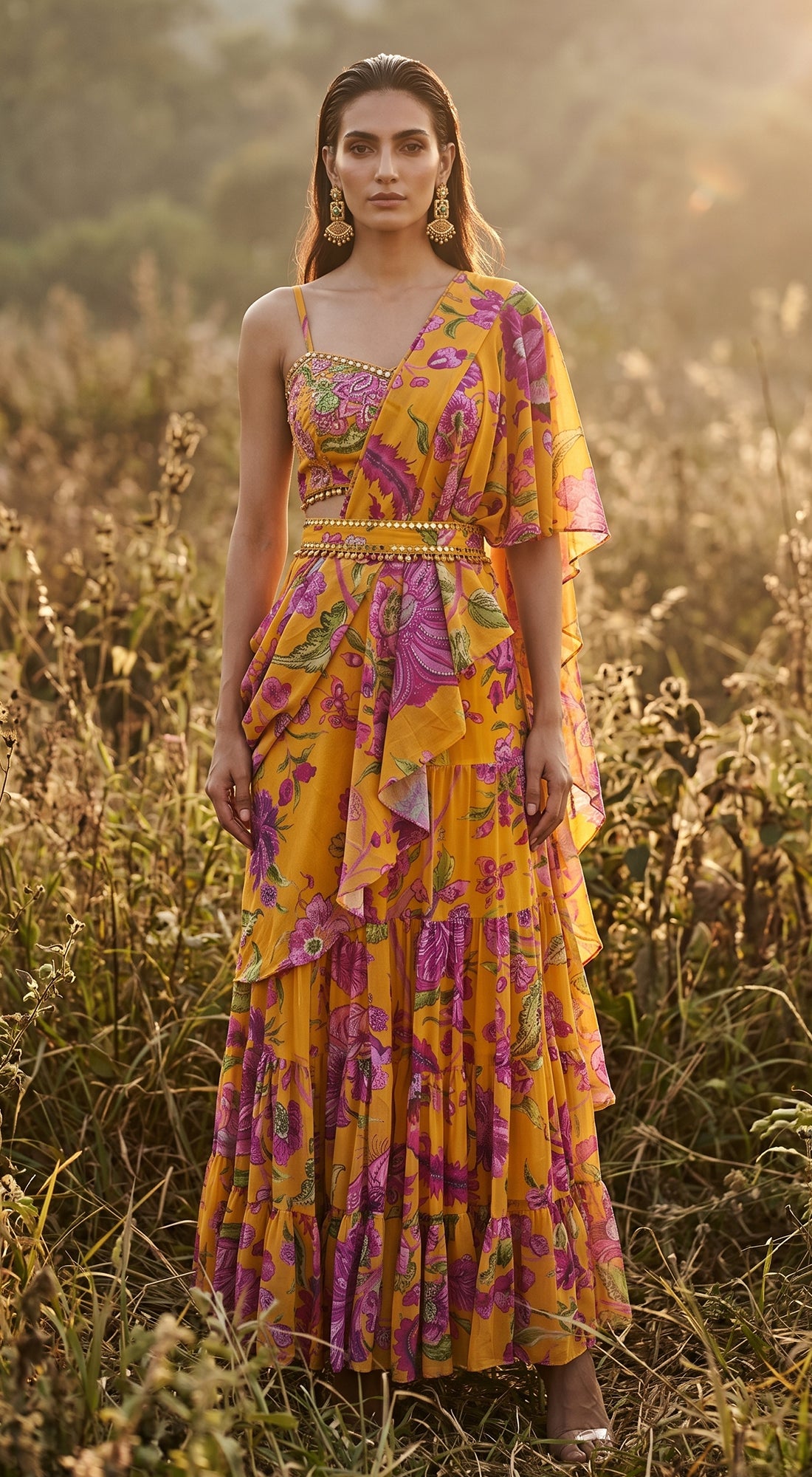 Mustard Georgette Embroidered Draped Saree