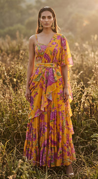 Mustard Georgette Embroidered Draped Saree