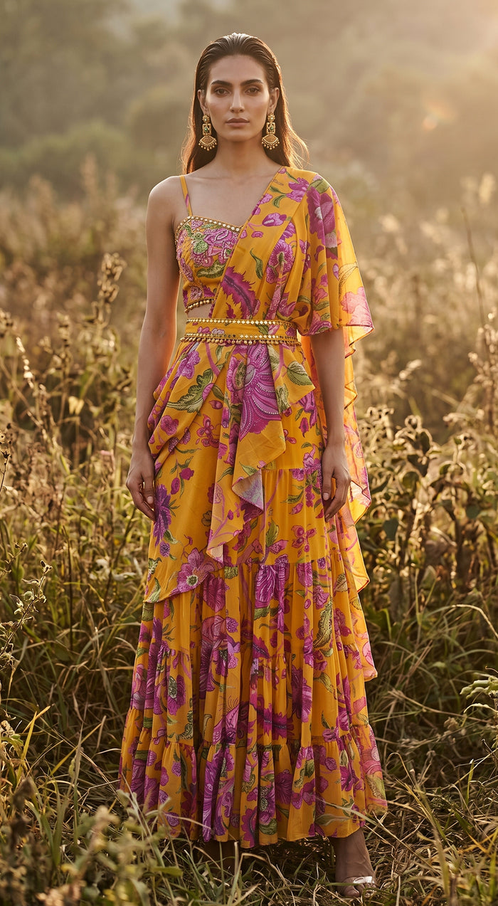 Mustard Georgette Embroidered Draped Saree
