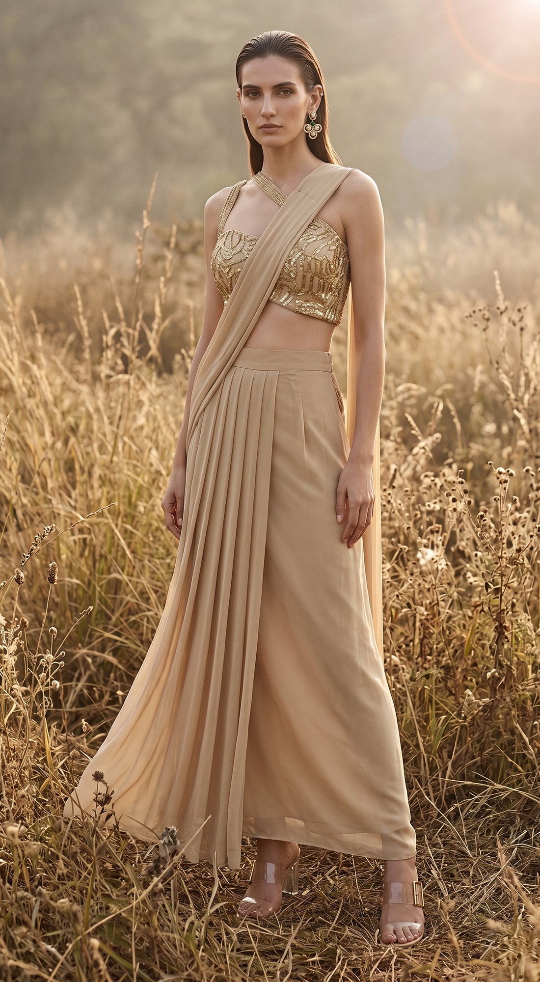 Beige Georgette Embroidered Draped Saree