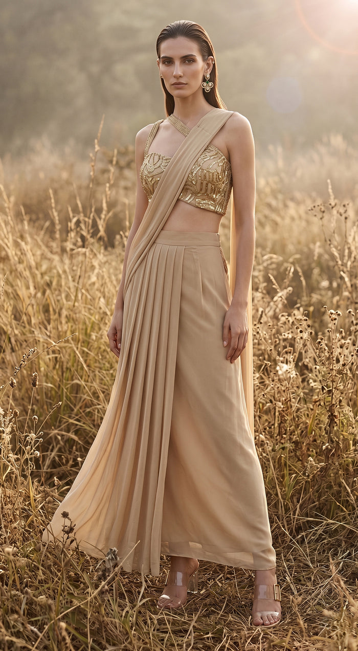 Beige Georgette Embroidered Draped Saree