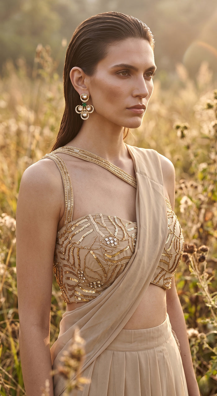 Beige Georgette Embroidered Draped Saree