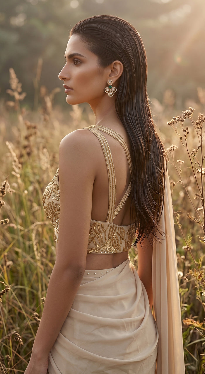 Beige Georgette Embroidered Draped Saree