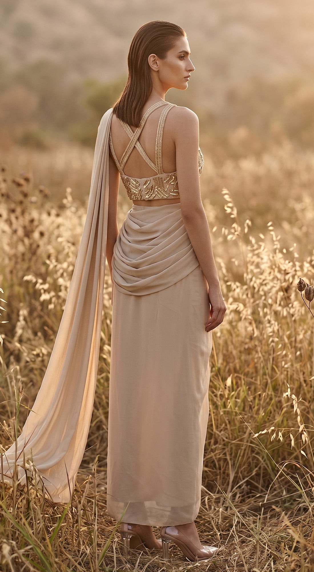 Beige Georgette Embroidered Draped Saree