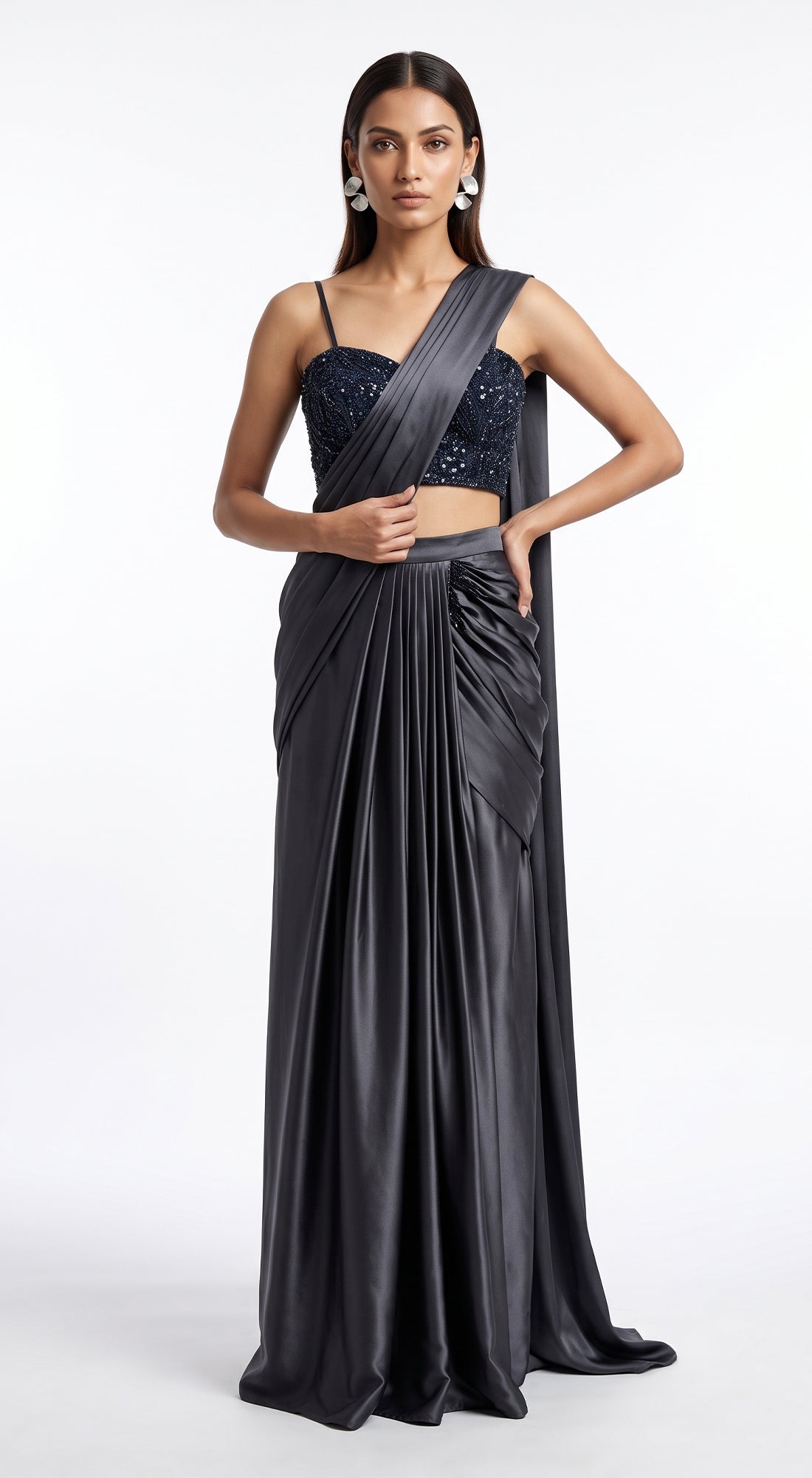 CHARCOAL GREY EMBROIDERED DRAPED SAREE - BRO-1116-BLACK - image 1