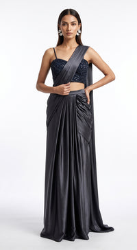 CHARCOAL GREY EMBROIDERED DRAPED SAREE - BRO-1116-BLACK - image 1