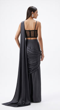 CHARCOAL GREY EMBROIDERED DRAPED SAREE - BRO-1116-BLACK - image 4