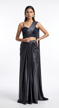 CHARCOAL GREY EMBROIDERED DRAPED SAREE - BRO-1116-BLACK - image 1